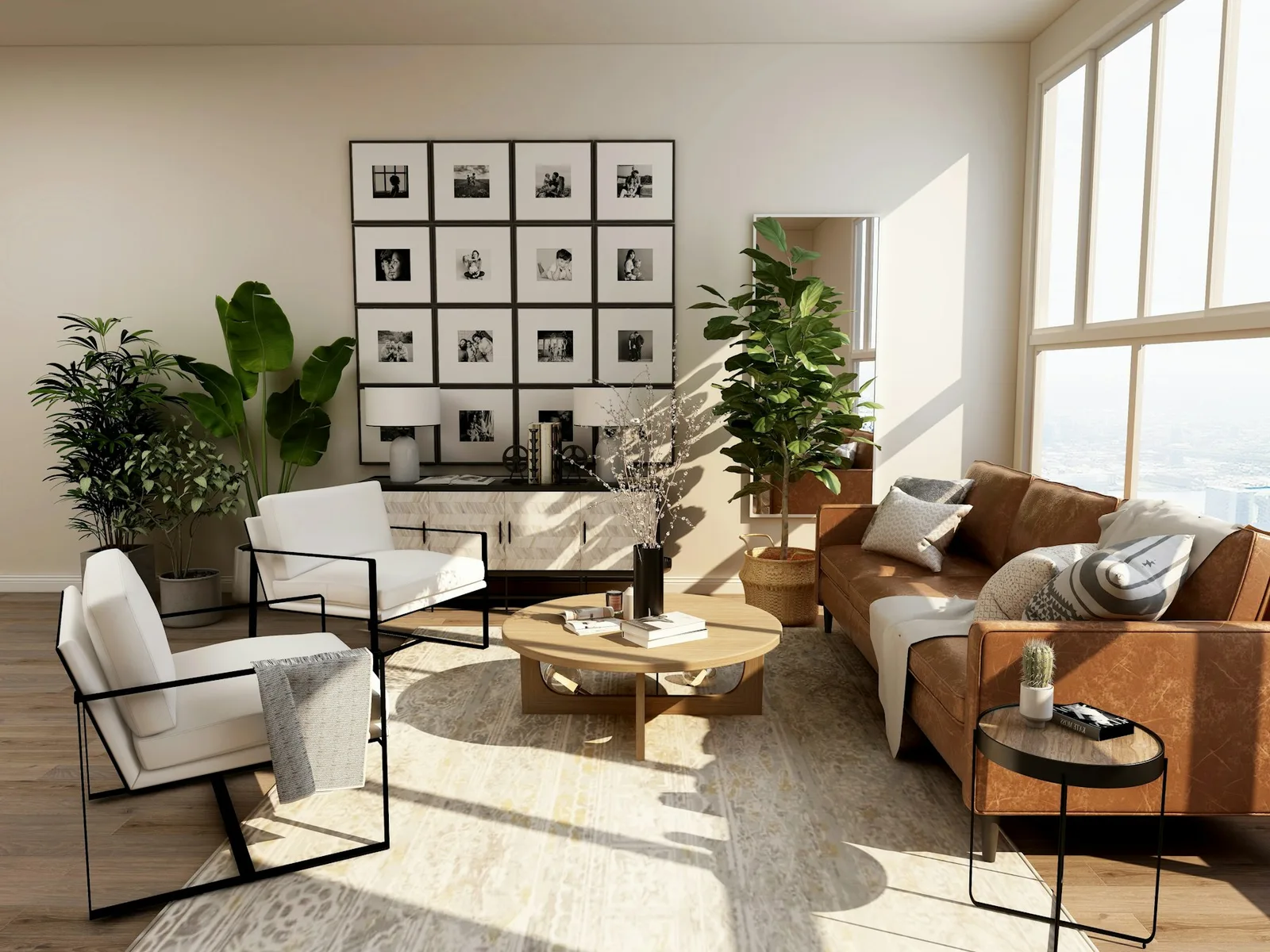 Warm, sunlit living room with framed artwork, a low timber table, and a view toward the water