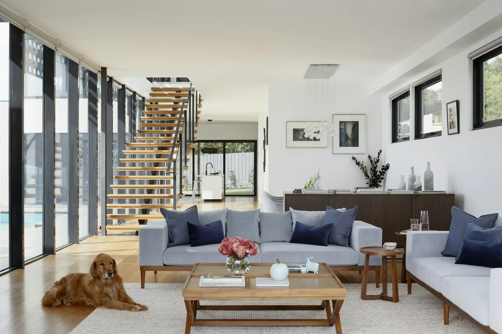 Finished living room with soft seating, built-in shelving, and a dog resting by the windows