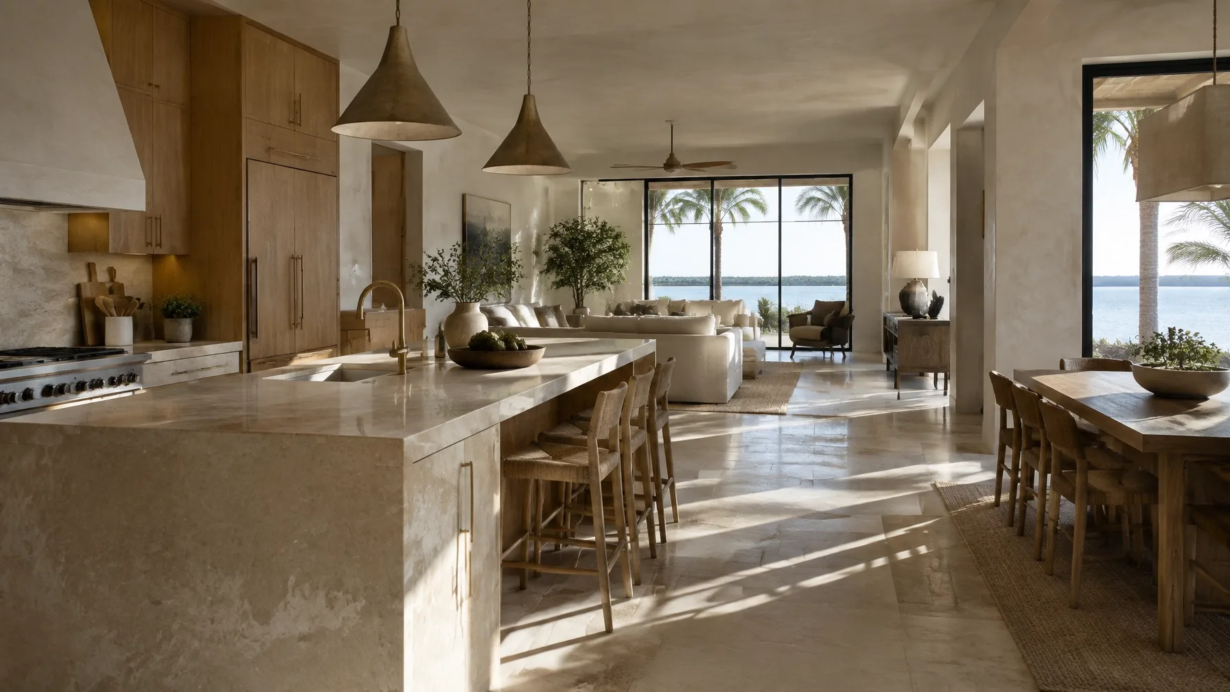 Finished high-end custom home interior with warm oak, limestone, and natural daylight