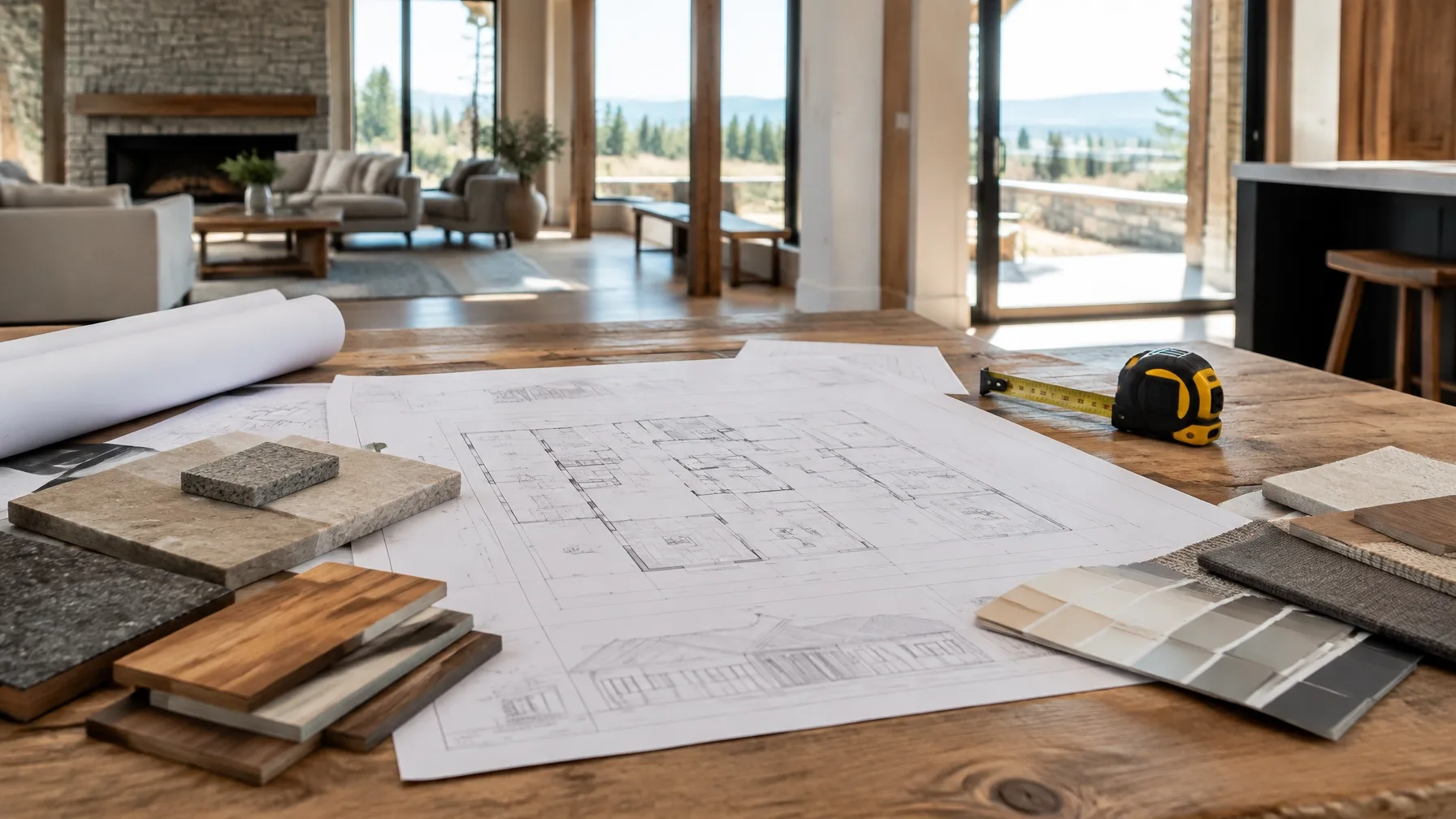 Custom home plans and natural material samples arranged on a wood worktable beside a daylight construction view