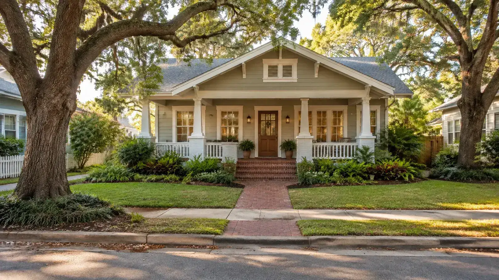 Restored wood-frame bungalow on an established Tampa Bay street with original porch detailing, mature live oaks, and a welcoming front path