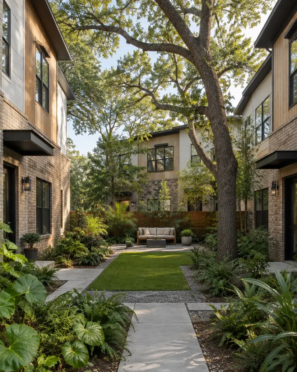 Finished contemporary infill townhome courtyard in an established Tampa Bay neighborhood with attached homes and mature canopy trees