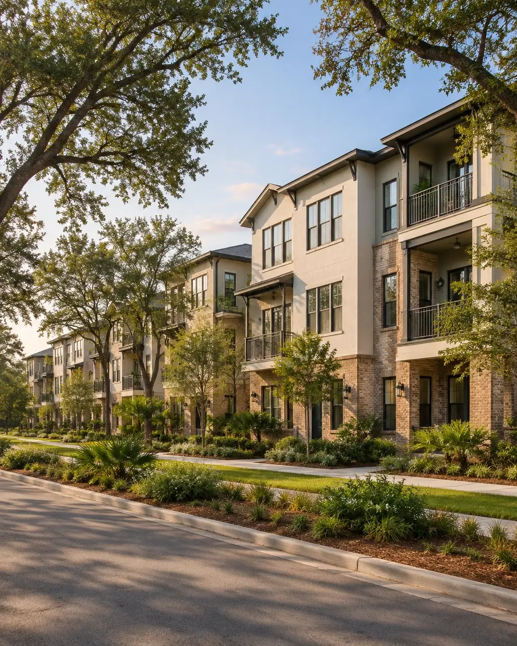 Finished larger Tampa Bay townhome community along a landscaped boulevard with staggered attached homes, a pedestrian path, and mature canopy trees