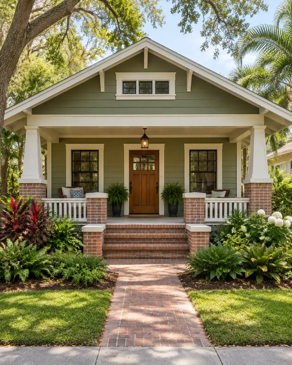 Finished restored Tampa Bay bungalow entry with a deep porch, original wood trim, brick steps, and mature landscaping