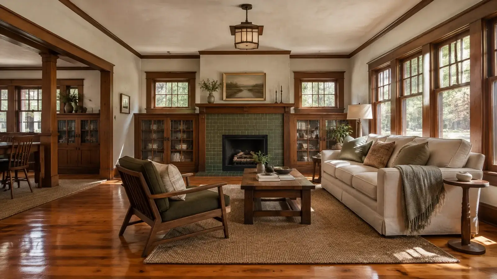 Restored Tampa Bay Craftsman bungalow interior with original built-in cabinetry, refinished pine floors, a restored fireplace, and original windows
