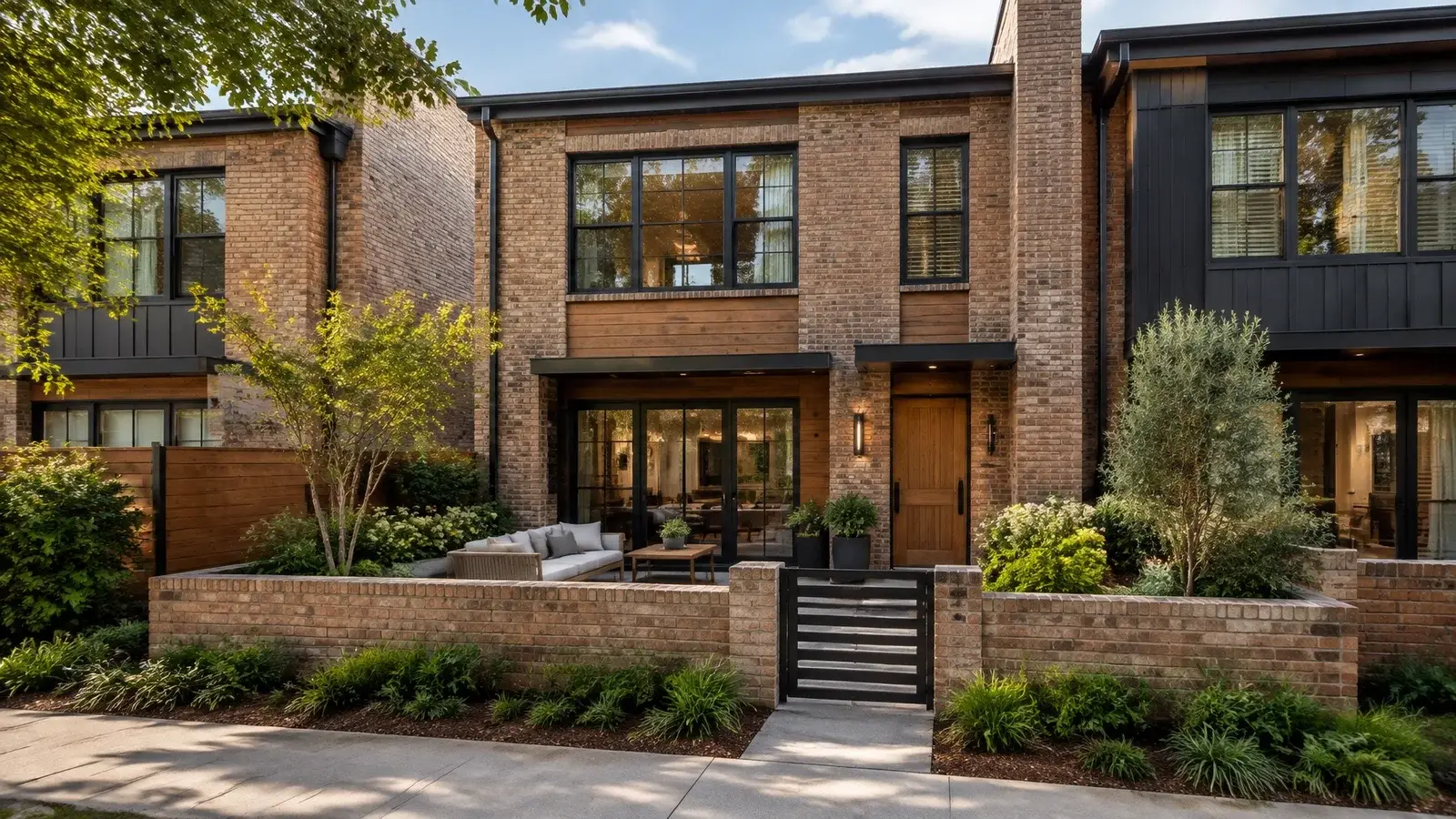 Completed custom infill townhome with a private courtyard in Tampa Bay, combining brick, wood, and metal details