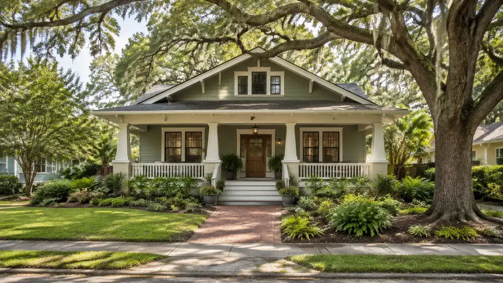 Restored 1920s Tampa Bay Craftsman bungalow with a broad front porch, original tapered columns, and mature live oaks