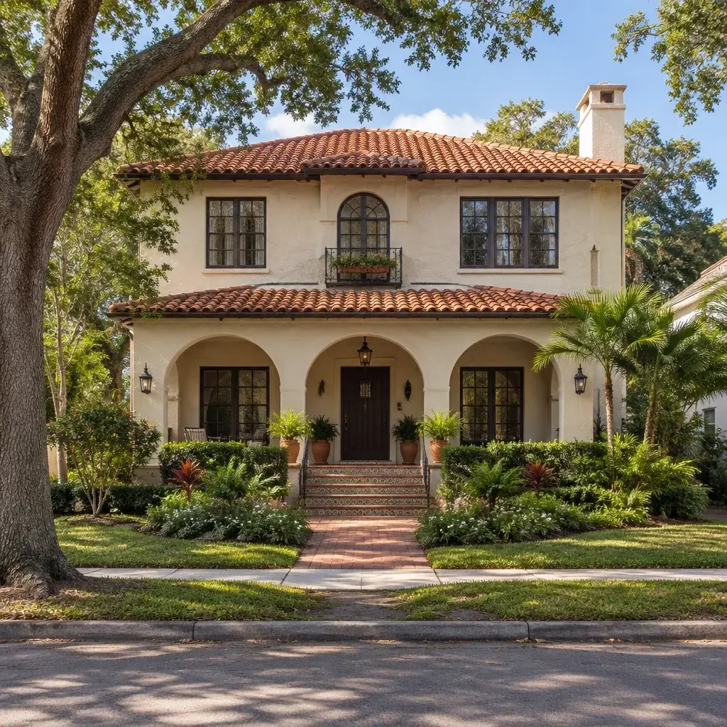 Restored 1930s Mediterranean Revival home in an established Tampa Bay neighborhood with original stucco, arched porch openings, and a terracotta roof