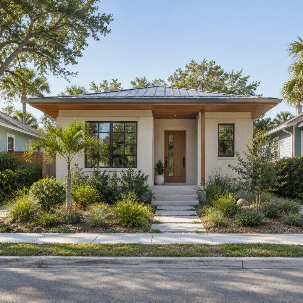 Finished contemporary Florida infill home on a compact urban lot with a covered entry, pale masonry, and native planting