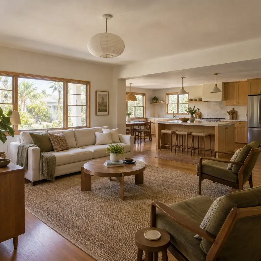 Finished renovation of a lived-in Florida home with a warm open living room, updated kitchen, and original windows