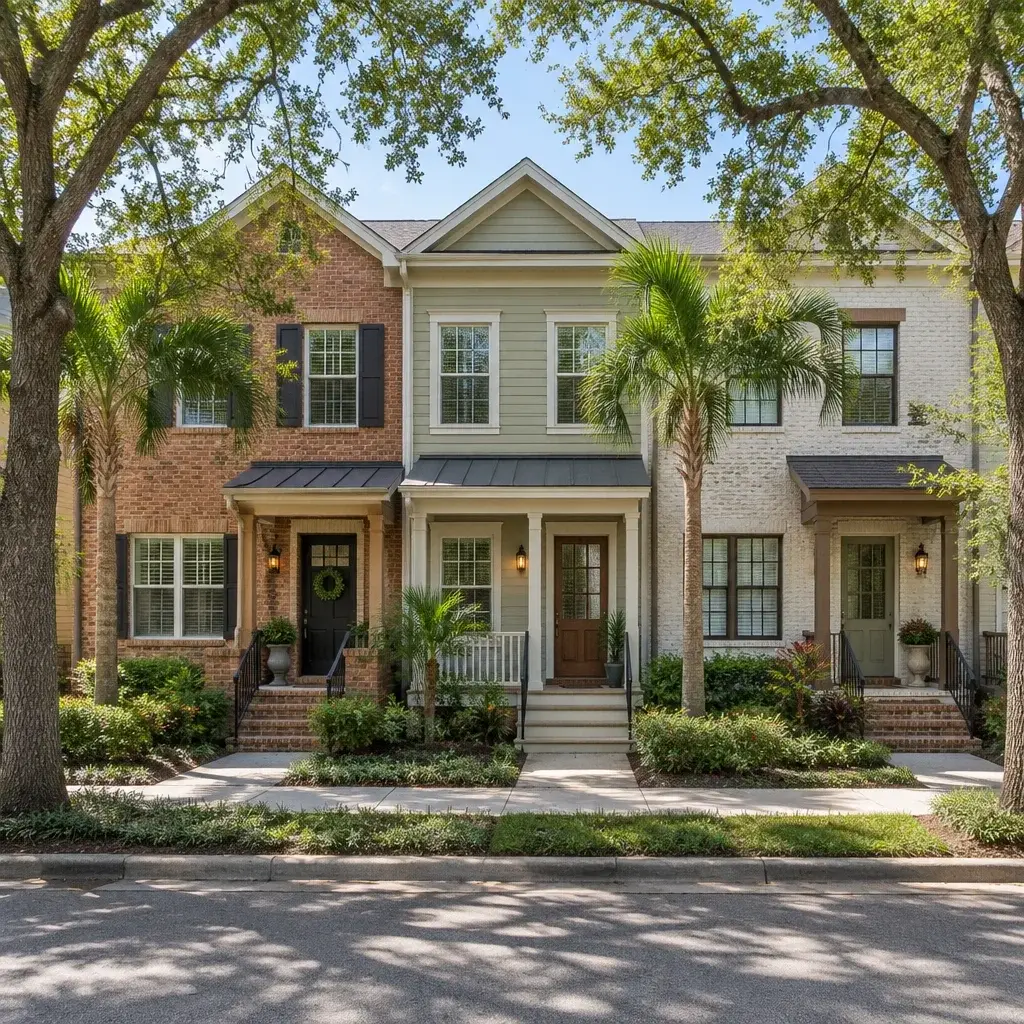 Finished row of attached Tampa Bay townhomes with varied brick and siding, front stoops, and mature street trees