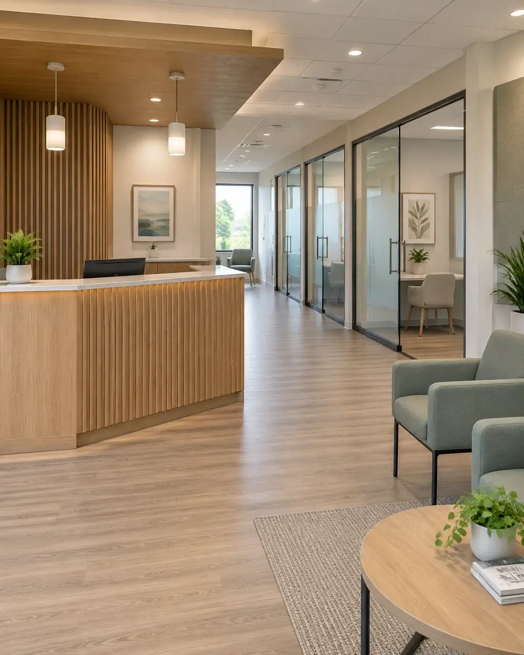 Finished commercial tenant build-out with a reception desk, glazed consultation rooms, and durable warm finishes