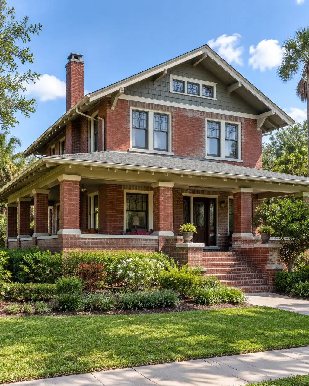 Restored 1910s red-brick Craftsman bungalow in Tampa Bay with a wraparound porch, original windows, brick steps, and an established garden