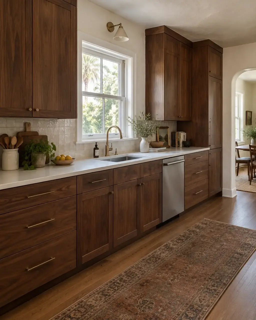 Finished kitchen remodel in a lived-in Tampa Bay home with walnut cabinetry, a stone worktop, and an original window
