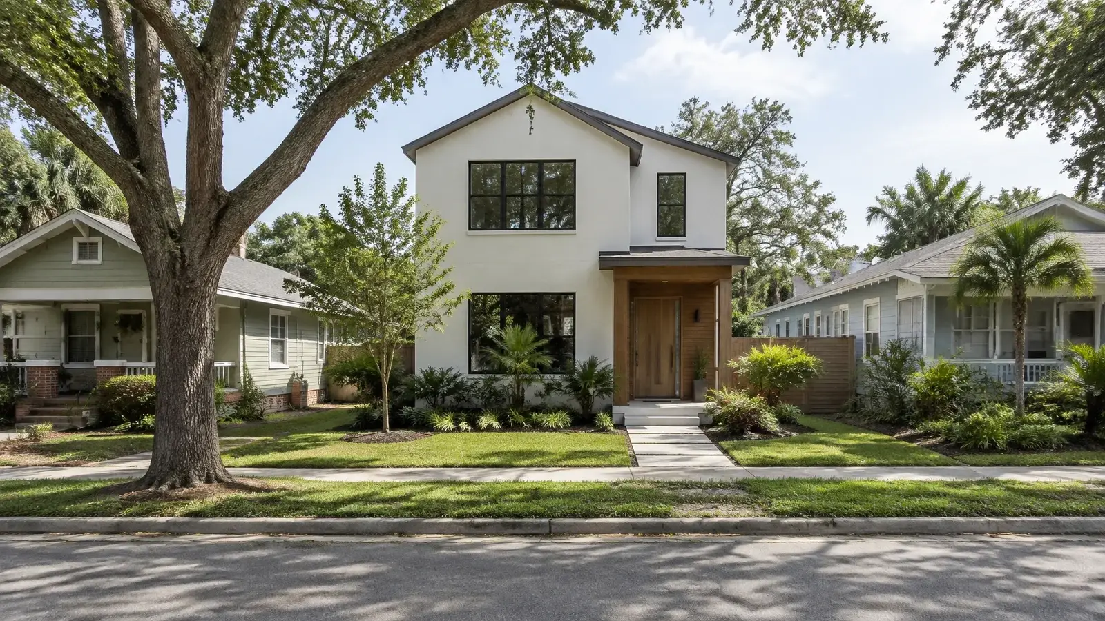 Finished modest contemporary infill home beside older Tampa Bay homes with clean landscaping, a warm wood entry, and mature neighborhood trees