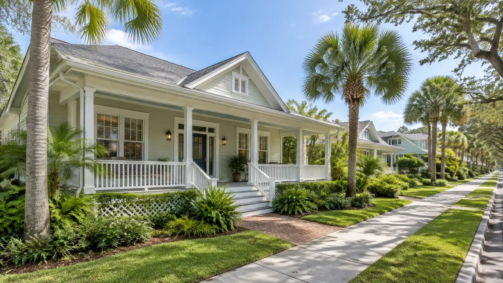 Restored wood-frame Florida bungalow on an established Tampa Bay street with a long front porch, original siding, and mature palms