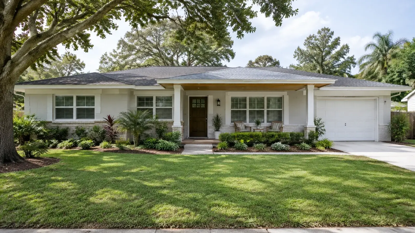 Finished exterior renovation of an established 1960s Tampa Bay ranch home with a shaded porch, repaired masonry, updated windows, and mature landscaping