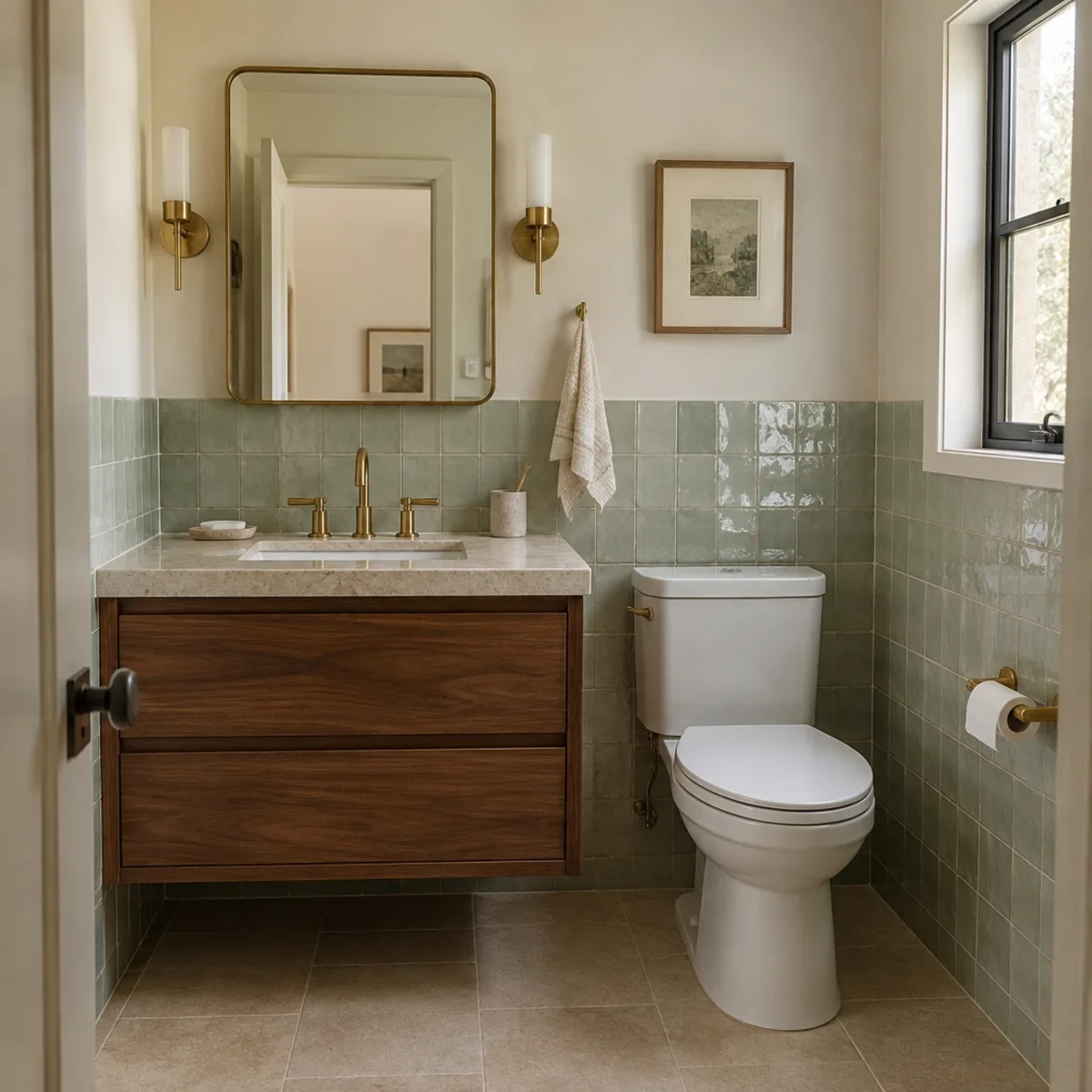 Finished guest bathroom remodel with pale green tile, walnut floating vanity, and stone counter