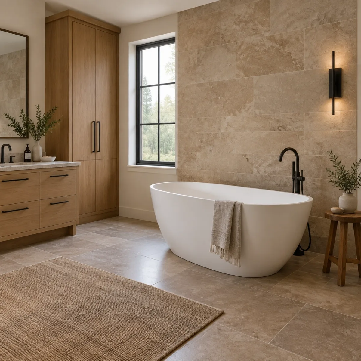 Completed bathroom remodel with warm stone tile, freestanding tub, oak storage, and daylight