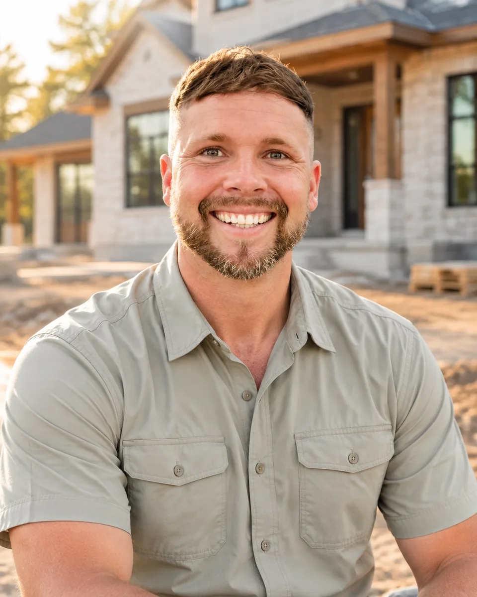 Jordin Williams smiling in front of a nearly finished custom home