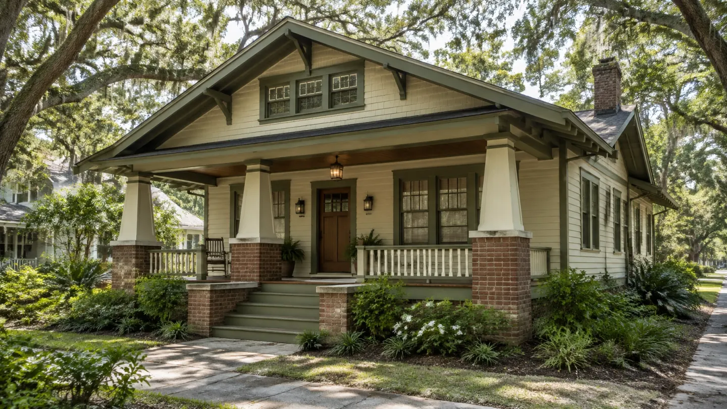 Restored Craftsman bungalow with tapered porch columns, moss green siding, and mature oaks