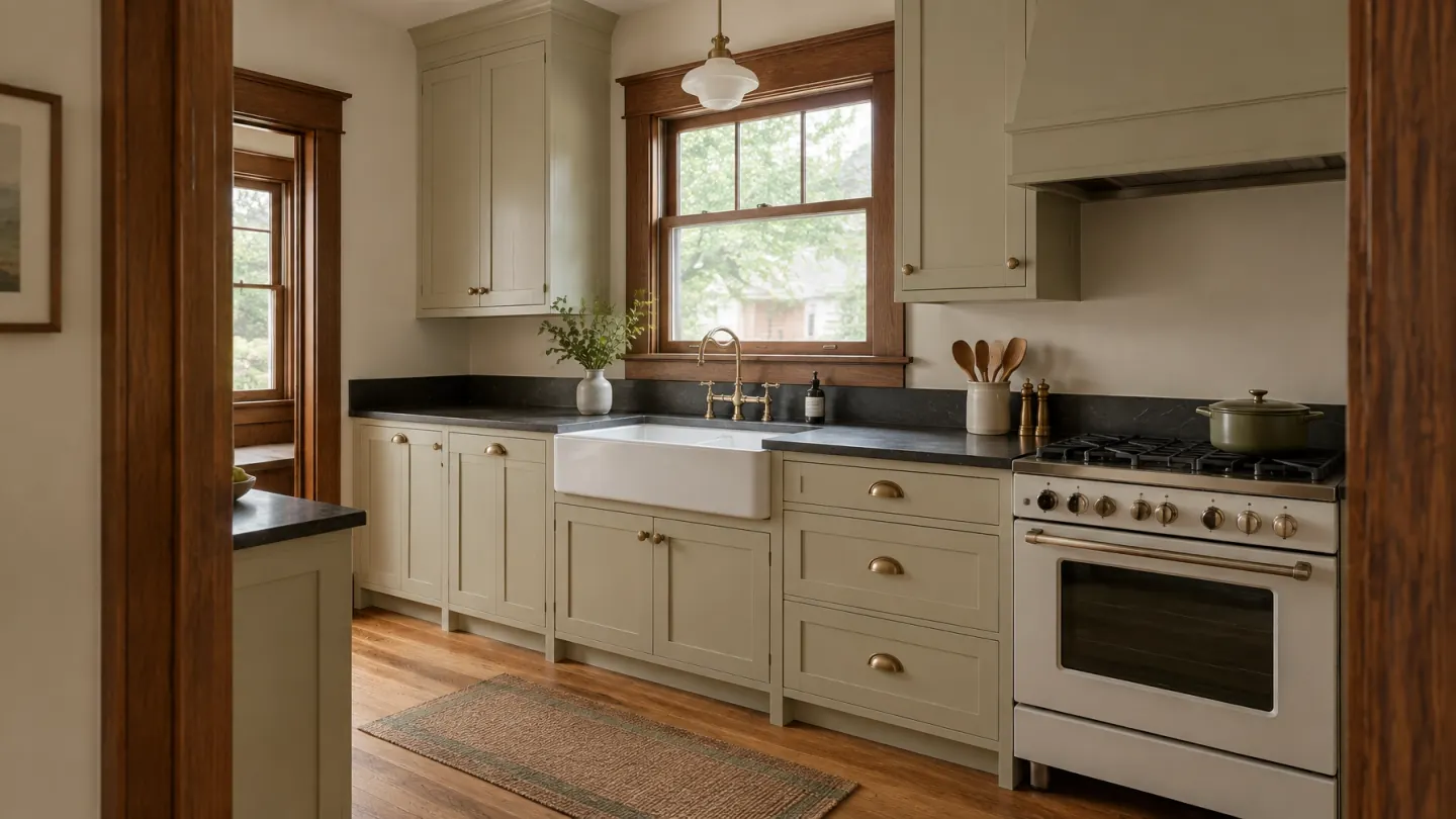 Restored bungalow kitchen with painted cabinets, soapstone counters, oak floor, and wood trim