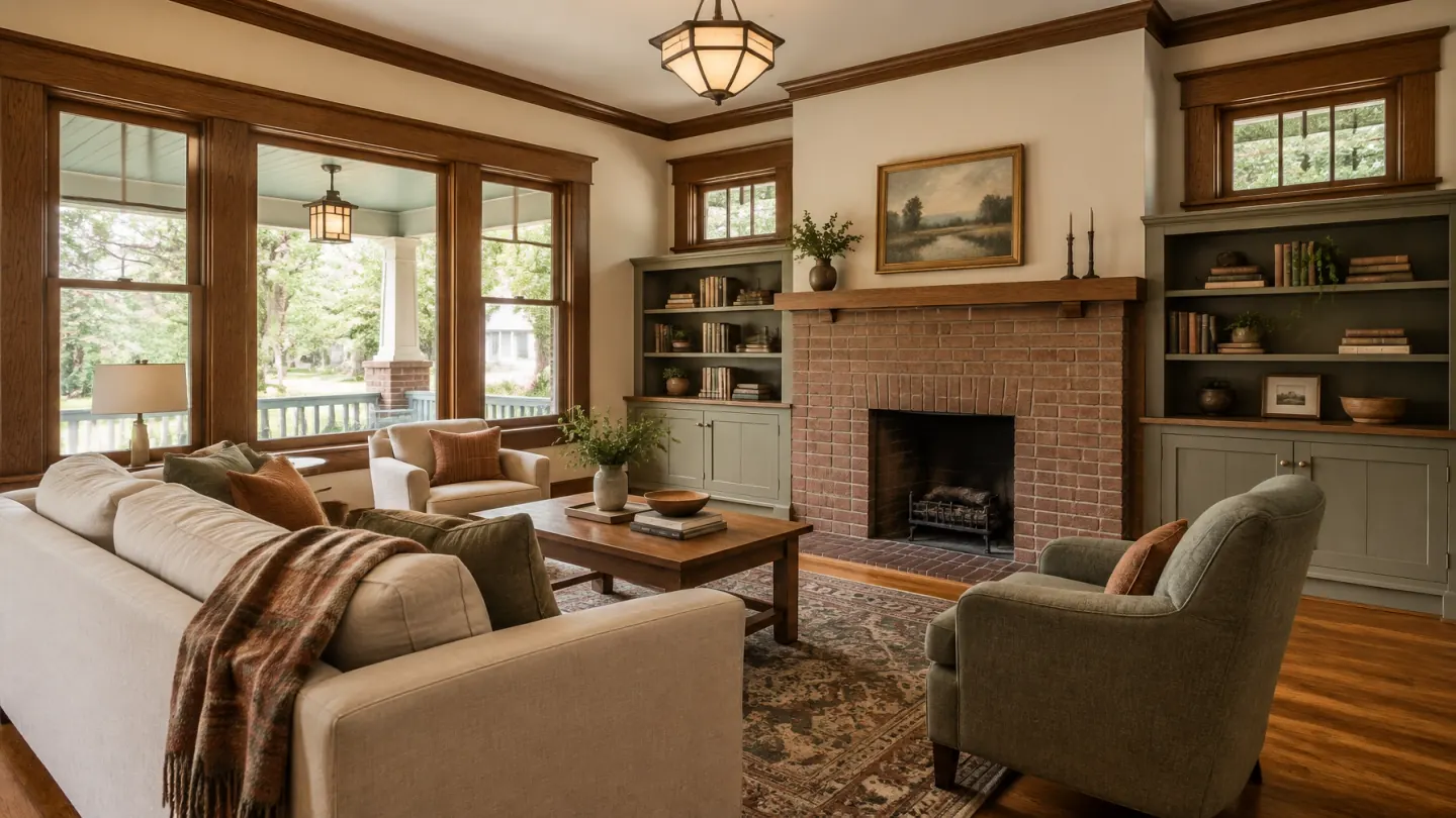 Restored living room with original windows, oak floor, brick fireplace, and built-in shelves