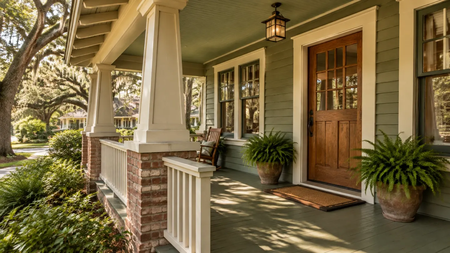 Restored Craftsman porch with wood columns, original railing, front door, and potted ferns