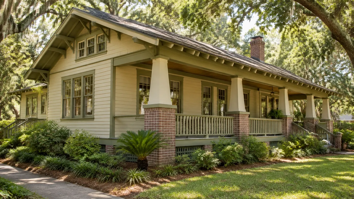 Restored Craftsman bungalow side porch with wood siding, tapered columns, brick piers, and garden