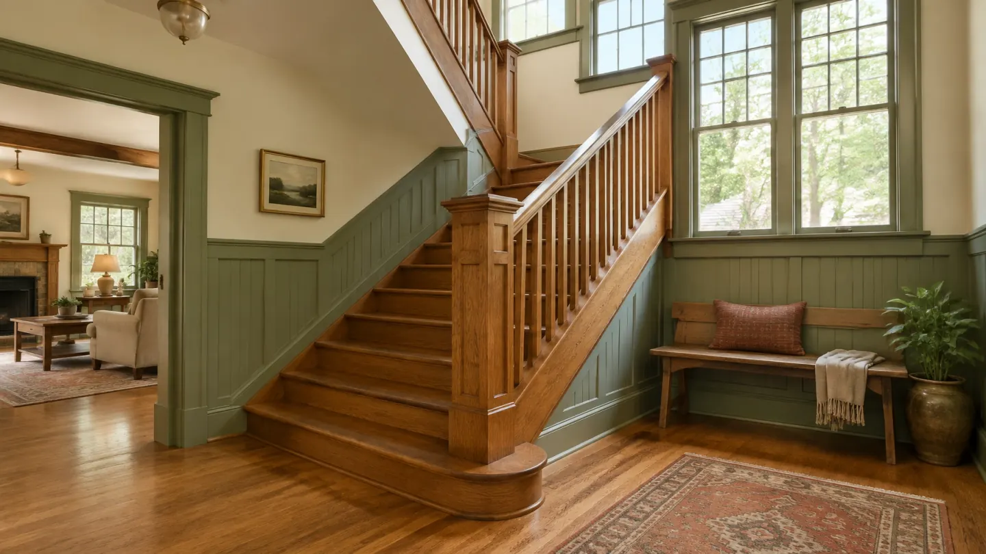 Restored Craftsman stair hall with oak steps, painted wainscot, original window, and built-in bench