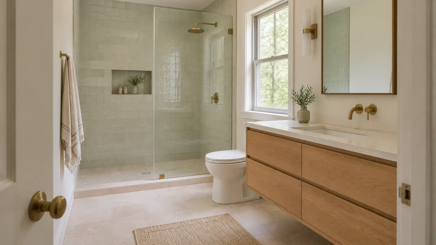 Finished bathroom with pale tile shower, clear glass, oak vanity, and a small garden window