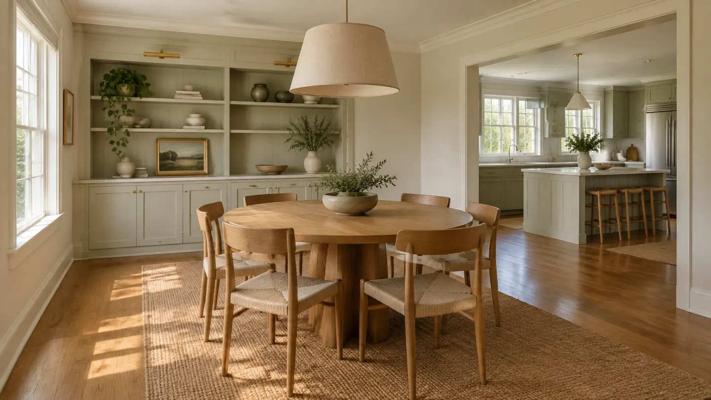 Renovated dining room with round oak table, built-in cabinets, linen pendant, and opening to the kitchen