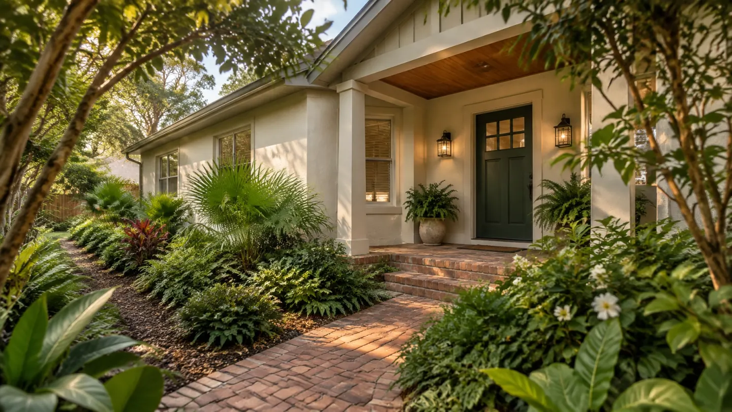 Renovated home entry seen through a planted side garden with brick path and deep green door