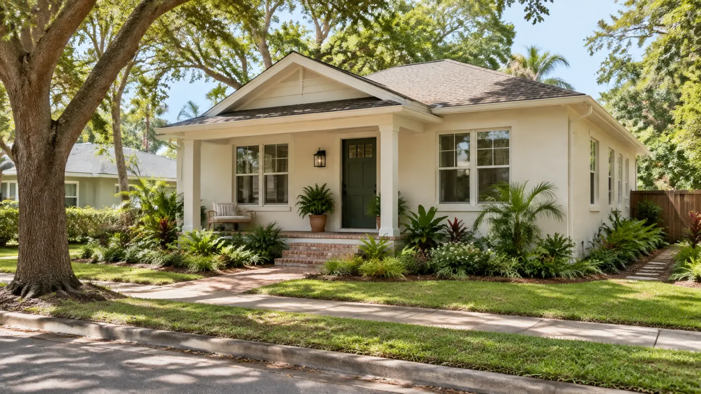 Renewed one-story home with a covered porch, deep green door, and mature shade tree
