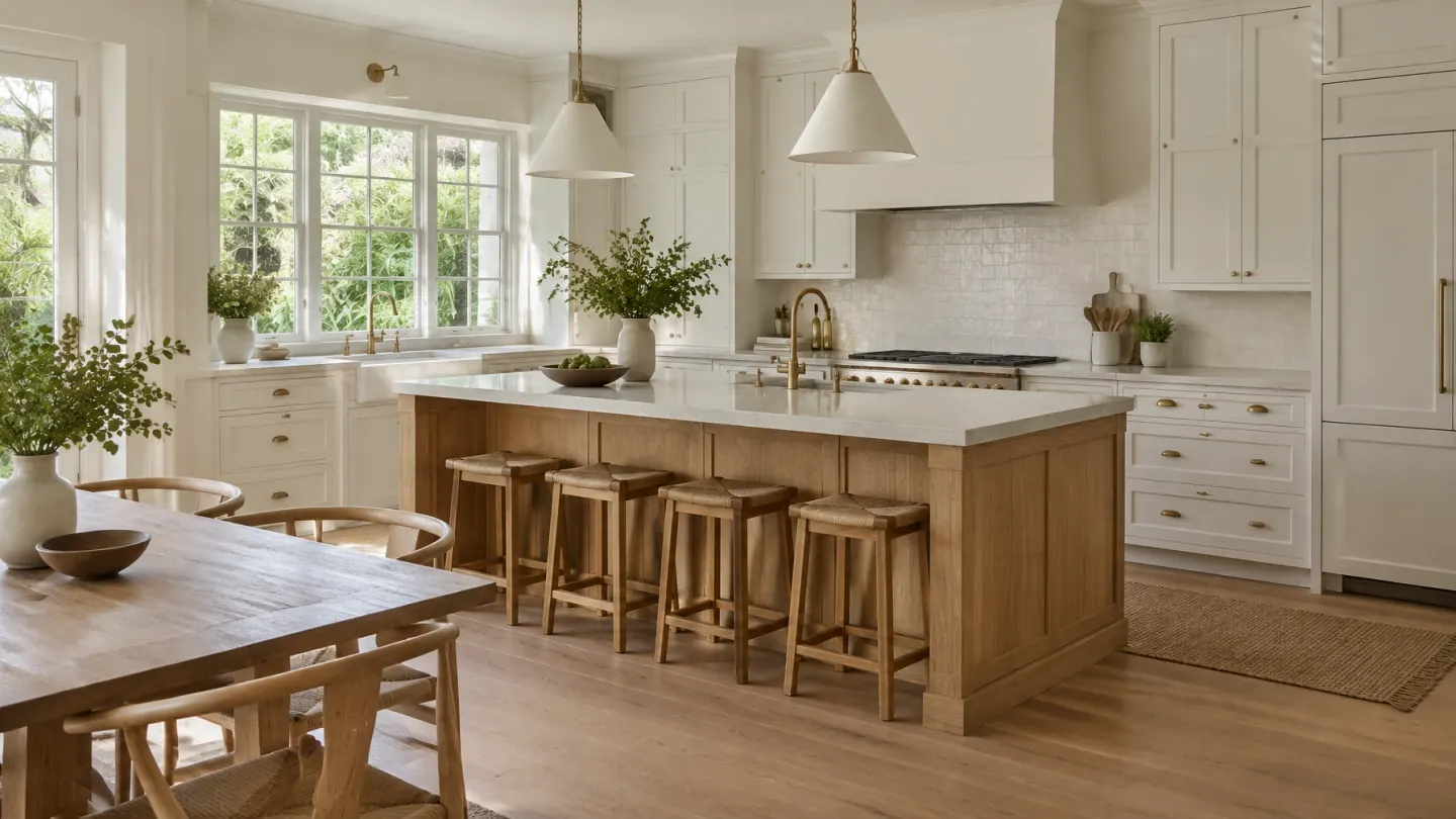 Renovated kitchen with warm white cabinets, oak island, pale counters, and garden windows
