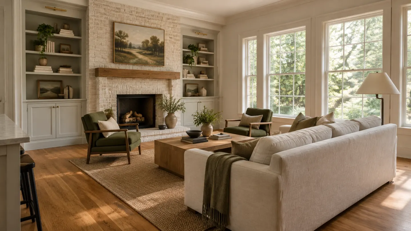 Renovated living room with oak floors, brick fireplace, built-in shelves, and large windows