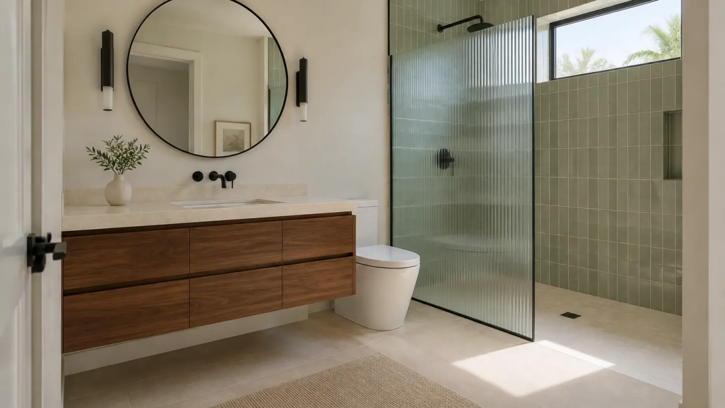 Finished townhome bathroom with walnut vanity, pale limestone, sage tile, and ribbed glass shower