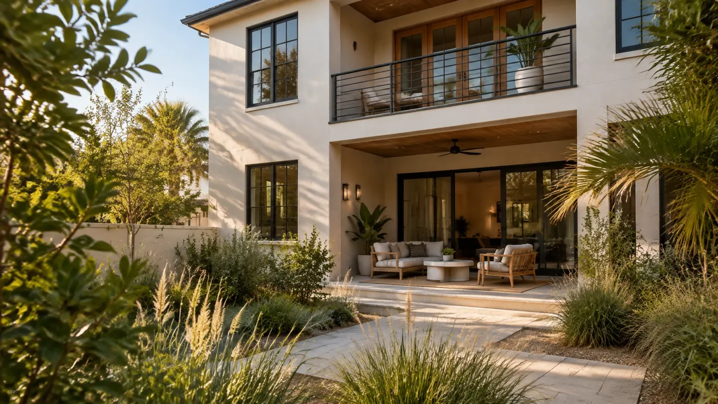 Custom townhome rear elevation seen from a planted courtyard with upper balcony and covered terrace