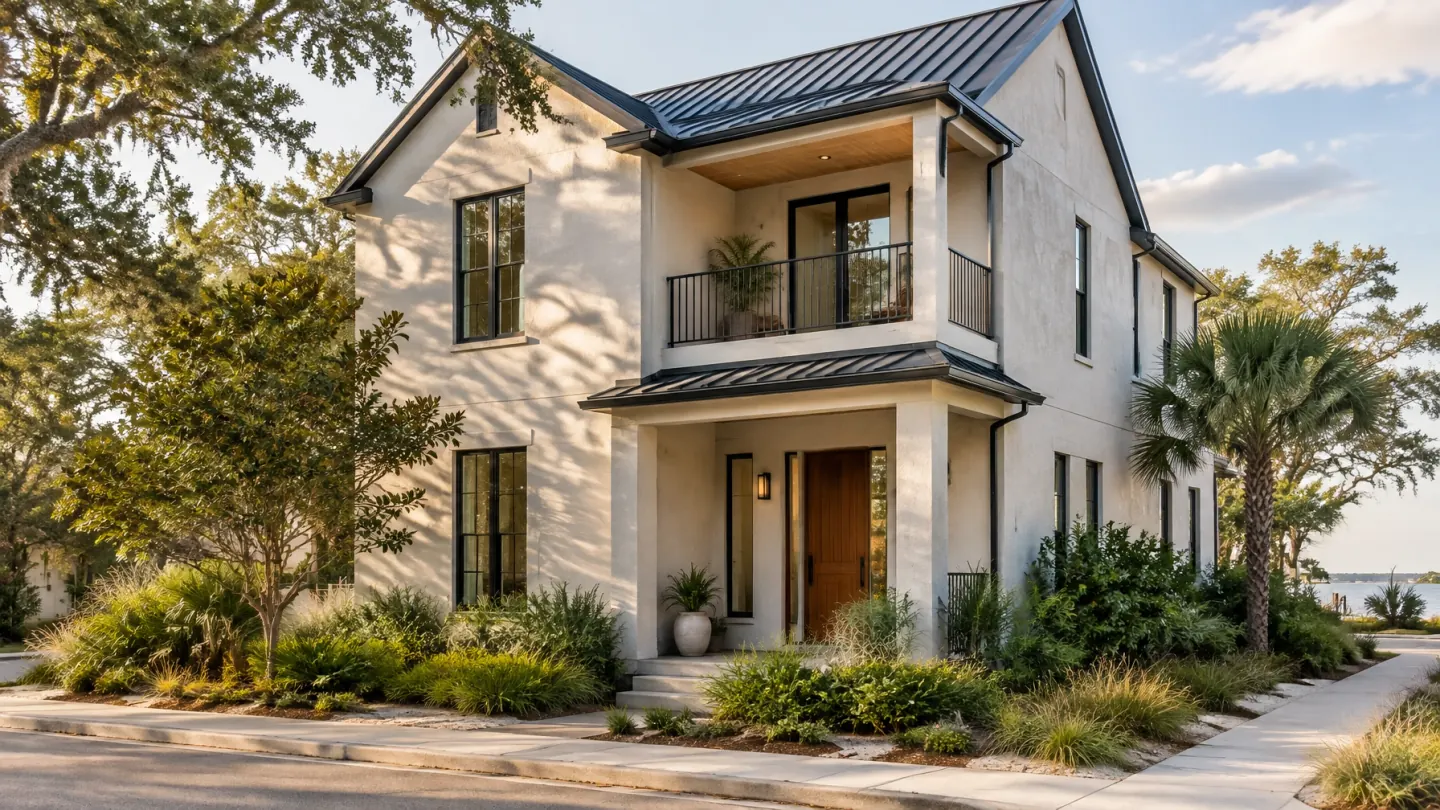 Finished two-story custom townhome with pale stucco, covered entry, upper balcony, and native planting