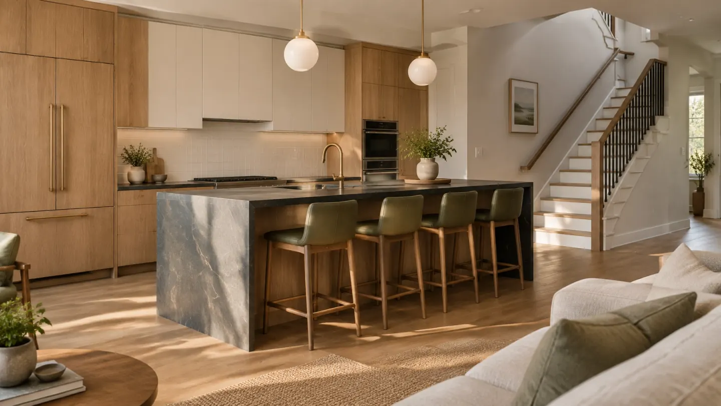 Custom townhome kitchen with oak cabinets, dark stone island, pale backsplash, and stair wall