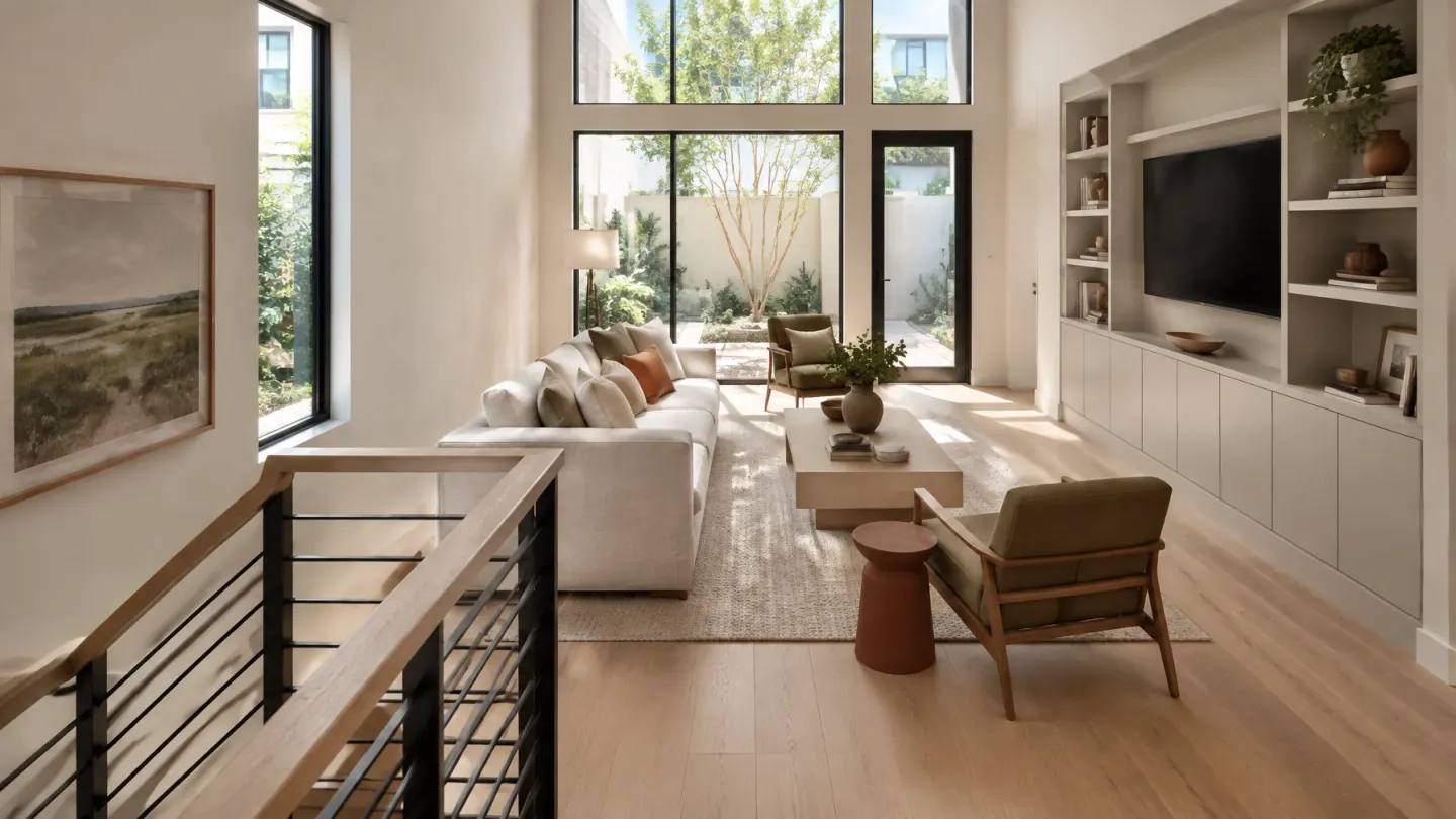 Townhome living room with oak floor, built-in storage, linen seating, and tall courtyard windows