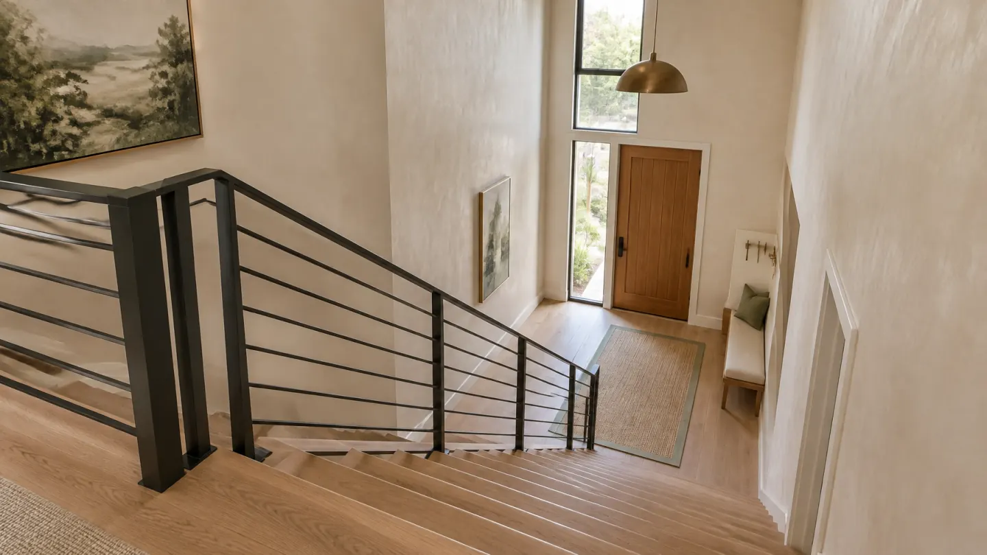Finished townhome stair hall with oak treads, sculptural rail, tall window, and warm wood front door