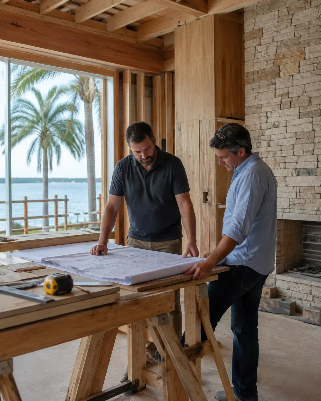 Builder and architect reviewing plans beside a custom home under construction