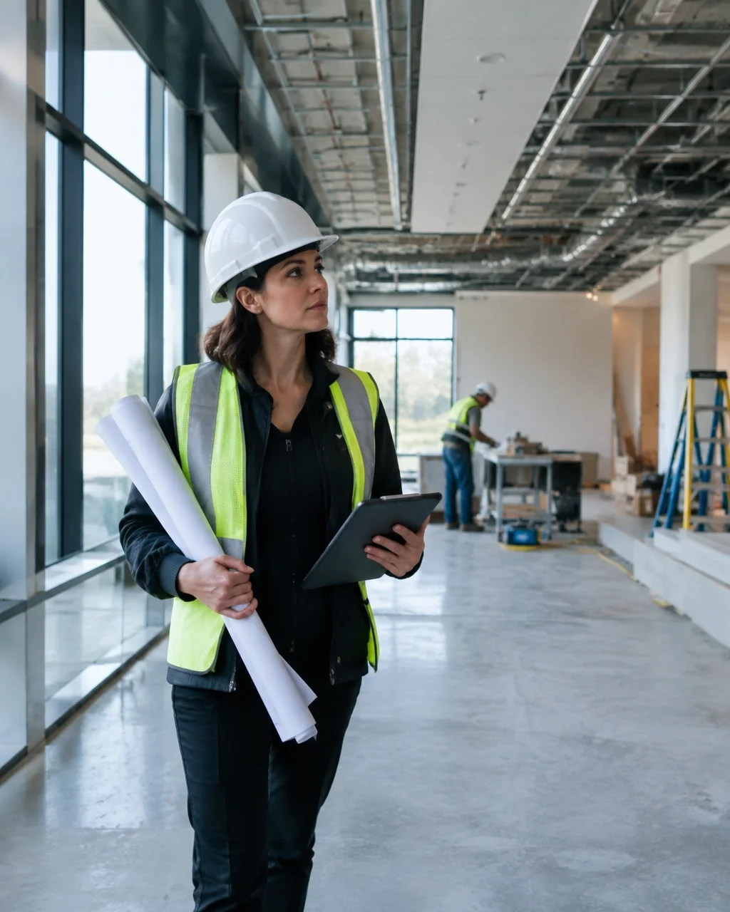 Construction project manager walking a nearly finished commercial interior with plans