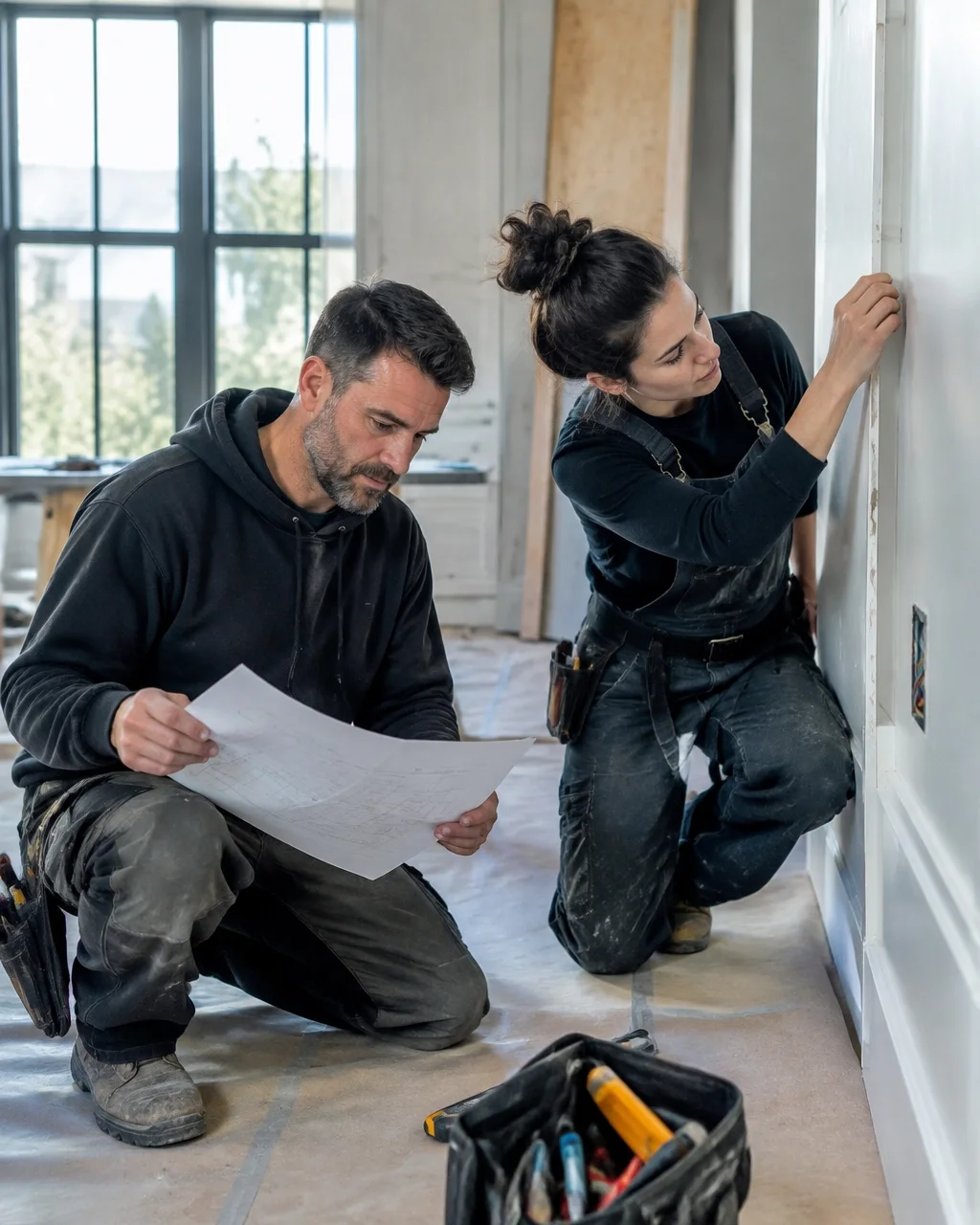 Two tradespeople coordinating electrical and finish work inside a refined renovation
