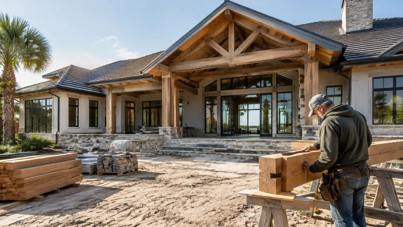 Custom home under construction with completed roof structure, installed windows, and a craftsperson reviewing a timber detail
