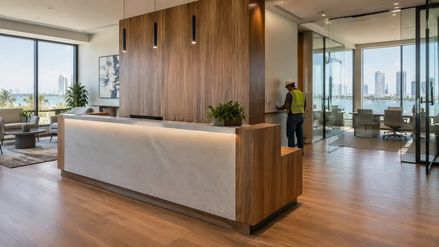 Nearly finished commercial reception area with warm wood, glass offices, and a tradesperson checking a detail